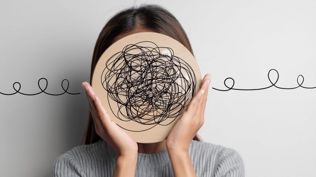 Visage recouvert d’encre de stylos bille symbolisant la charge mentale, la surcharge de pensées et le stress chronique, illustrant l’accompagnement LaserAddict pour apaiser le mental et prévenir l’épuisement.