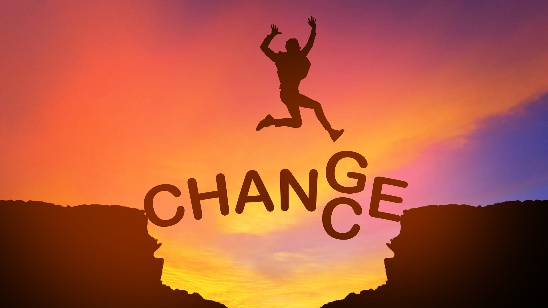 Un homme en plein saut entre deux falaises, avec les mots « chance » derrière lui et « change » sous ses pieds, symbolisant le courage de changer de vie et de saisir une nouvelle opportunité.