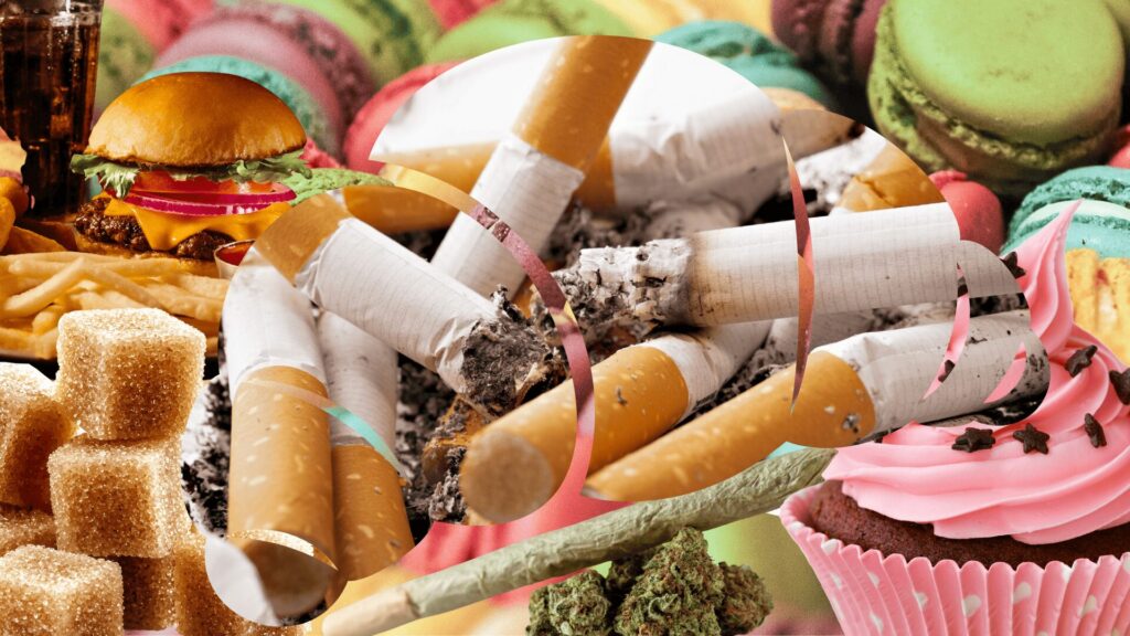 Illustration des principales addictions du quotidien (tabac, cannabis, sucre et alimentation compulsive) et accompagnement global proposé par LaserAddict pour un sevrage durable et équilibré.