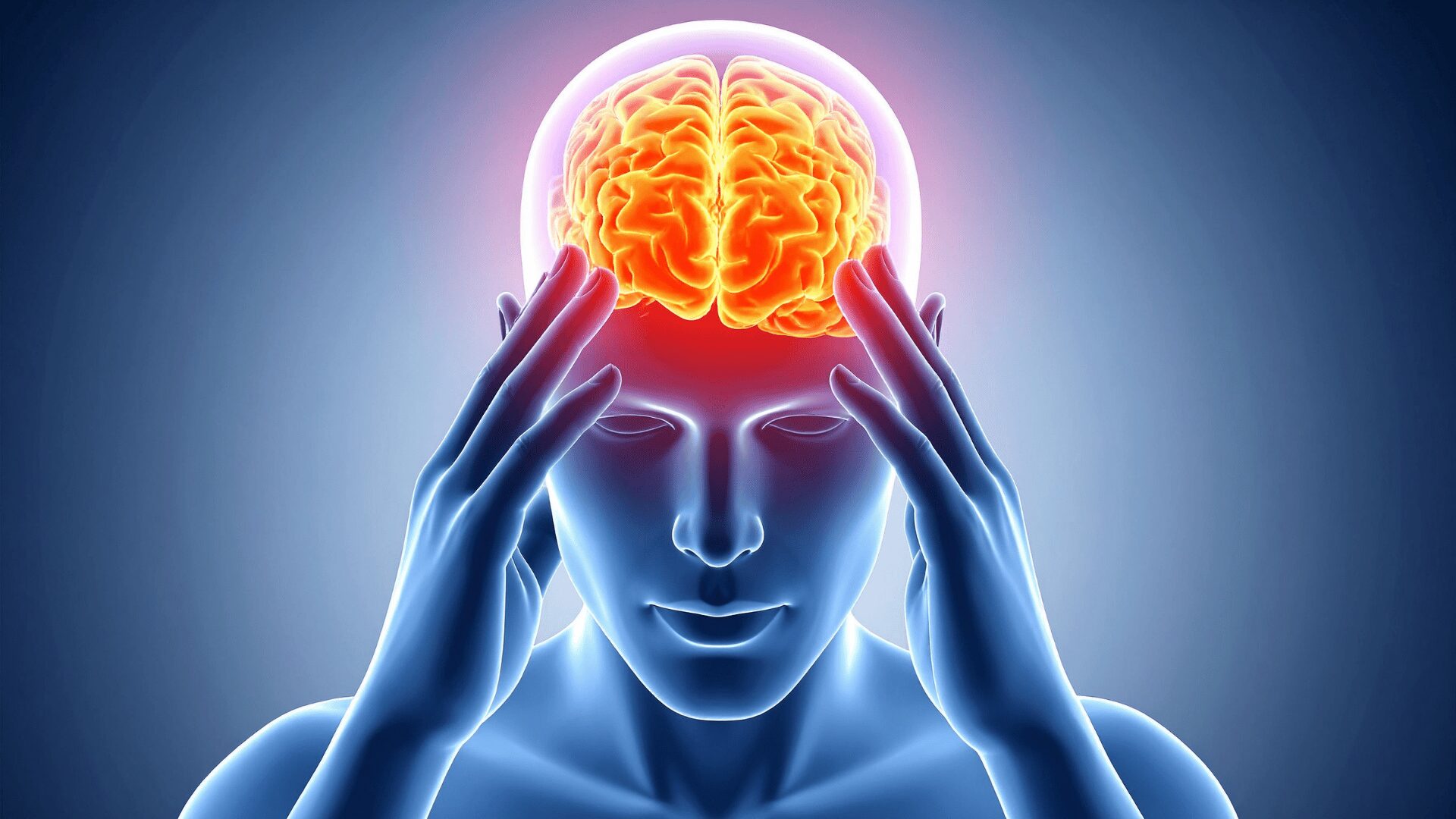 Homme en surcharge mentale se tenant la tête entre les mains avec une visualisation de surchauffe cérébrale, illustrant les effets du stress chronique et de la charge mentale sur le cerveau – LaserAddict bien-être.